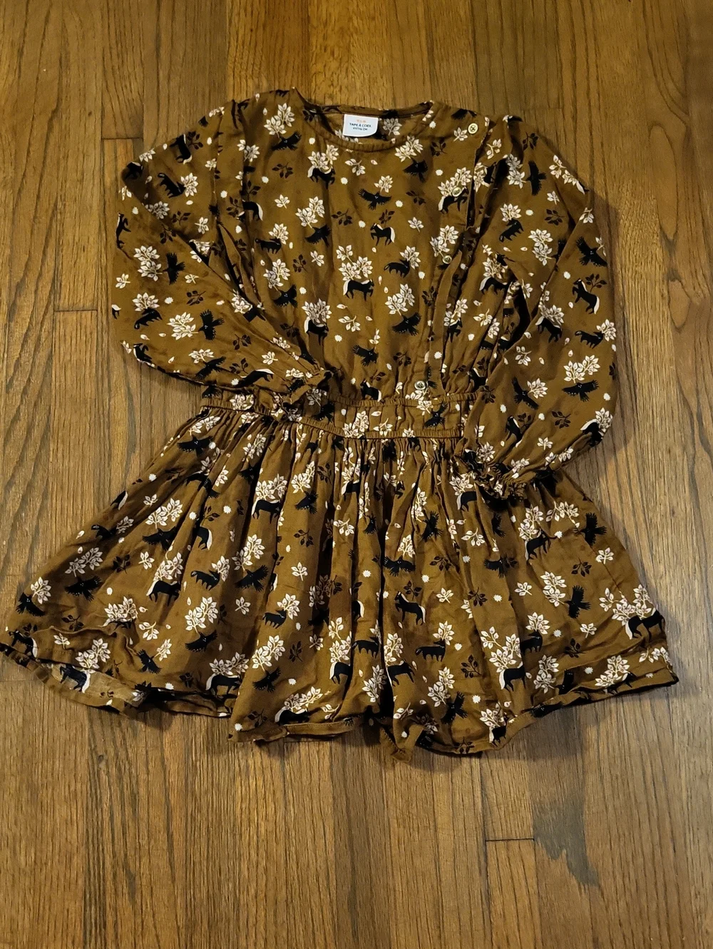 Girls' Brown Floral & Deer Print Skirted Tunic Dress with Elastic Waist